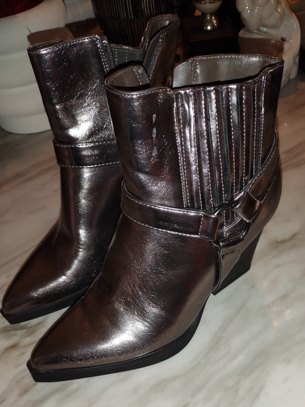 Metallic Silver Women's Ankle Booties - Sleek Pointed Toe